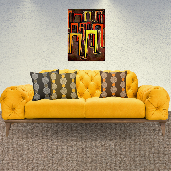 Revolution of the Viaduct by Paul Klee and pillows with beads pattern in yellow, orange, brown