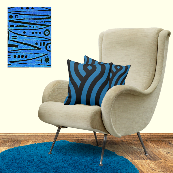 Heroic Fiddling art print by Paul Klee and pillows with waves pattern in blue and black