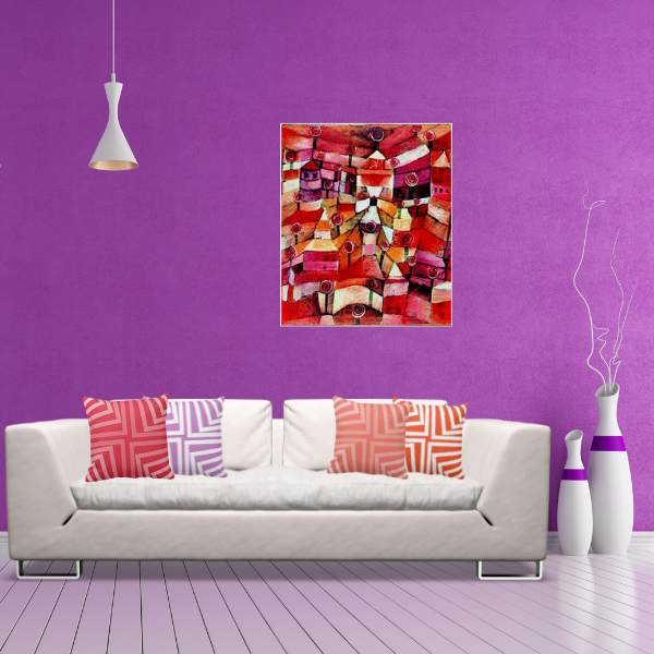 Rose Garden art print by Paul Klee and pillows with angular pattern in orange, red, pink, and purple