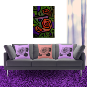 Heroic Roses art print by Paul Klee and pillows with rose pattern in orange and purple