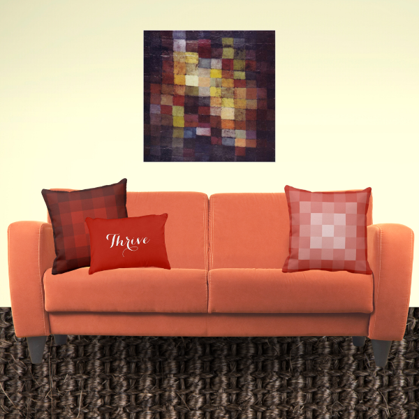 Paul Klee Art and pillows with pixelated pattern in orange