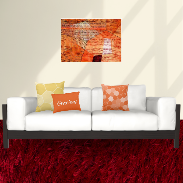 Polyphony in Color print by Paul Klee and pillows with geometric hexagon pattern in orange and yellow