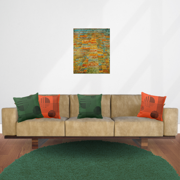 Highways and Byways art print by Paul Klee and pillows in orange and green with stripes and circles pattern