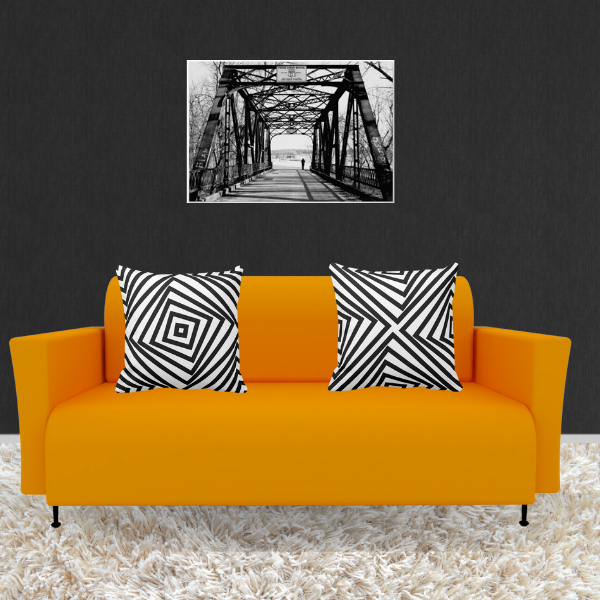Walking Away bridge photograph wall decor and box spiral pattern on pillows