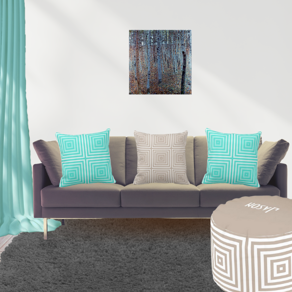 Beech Forest by Gustav Klimt And Turquoise and Brown Pillows WithBox Pattern