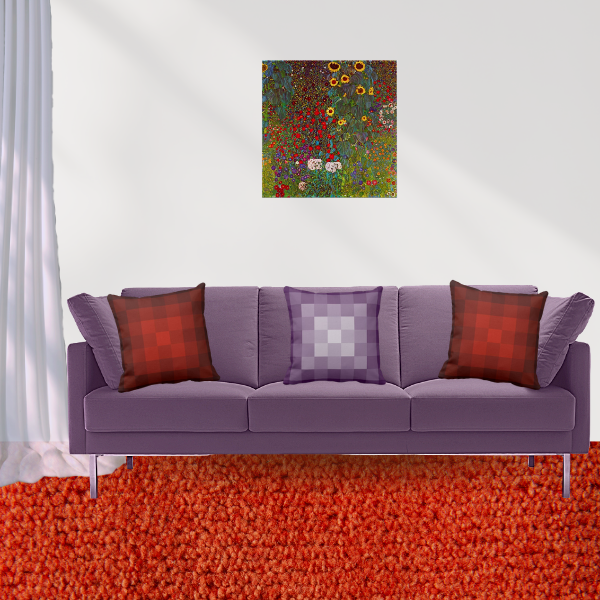 Farm Garden By Gustav Klimt And Orange And Purple Pillows With Pixel Pattern