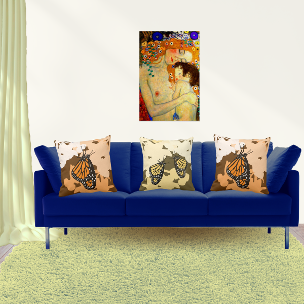 Mother And Child By Gustav Klimt And Pillows In Yellow And Orange With Monarch Butterfly Pattern