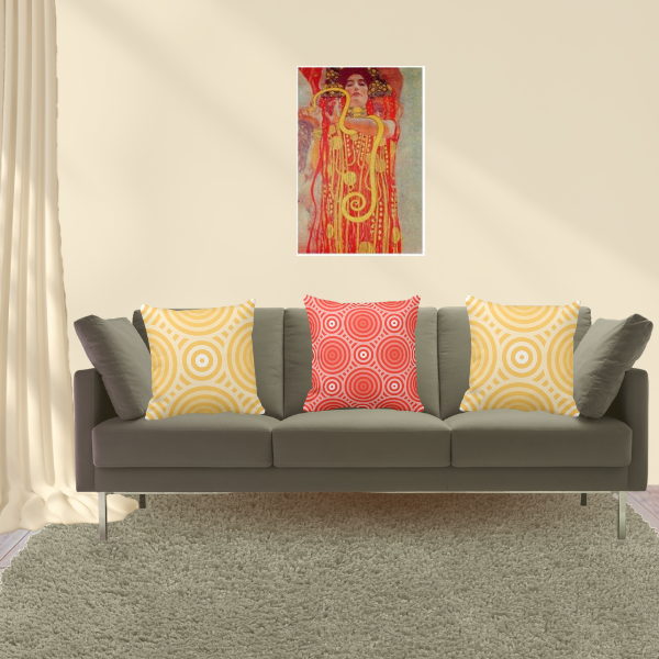 Red Woman By Gustav Klimt Art Meets Pillows In Yellow And Red With Nested Circle Pattern