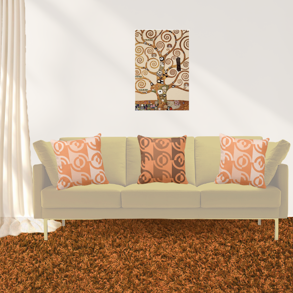 The Tree Of Life By Gustav Klimt Meets Pillows In Orange With Fragmented Circles Pattern