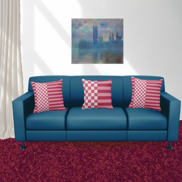 Houses Of Parliament By Claude Monet And Red Pillows With Stripes And Checkers