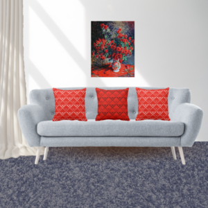 Red Chrysanthemum By Claude Monet And Pillows With Triangle Pattern