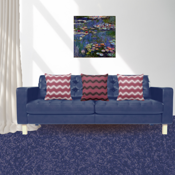 Water Lily Pond By Claude Monet And Red Pillows With Ripple Pattern