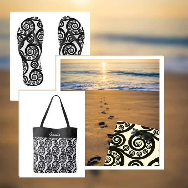 Koru curls pattern in black and white for a beach visit including a towel, jandals and beach bag