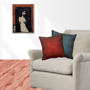 Madonna 2 By Edvard Munch artwork meets pillows with pixel pattern in orange and blue