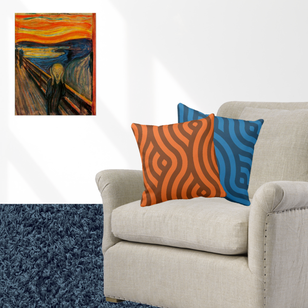 The Scream by Edvard Munch art print meets pillows with wave pattern in orange and blue