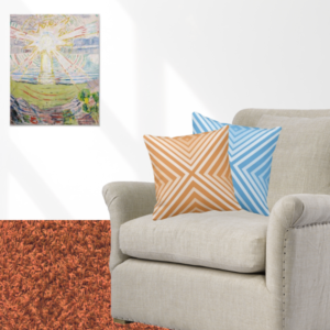 The Sun by Edvard Munch art print meets pillows with cornered pattern in orange and blue