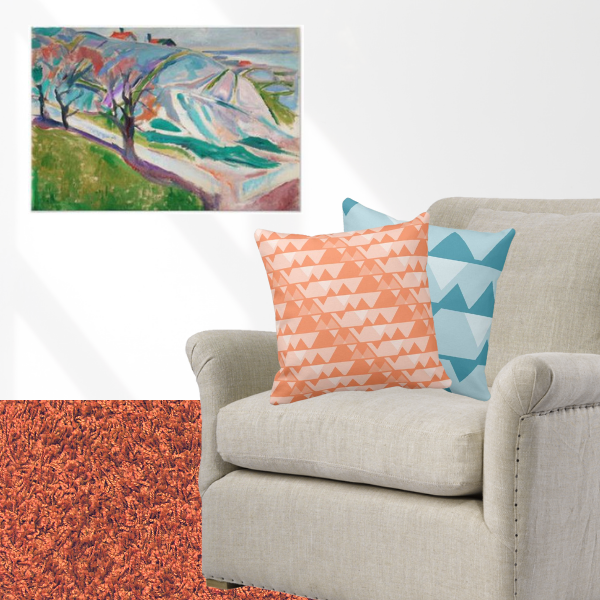 Landscape Of Kragero Log by Edvard Munch art print meets pillows with jagged pattern in orange and blue