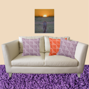 Lion At Sunset Photography And Orange And Purple Pillows With Triangle Pattern