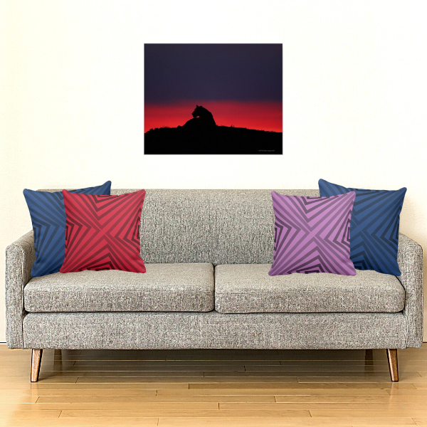 Lion At Sunset Photo Print And Blue, Red, And Purple Pillows With Angular Pattern