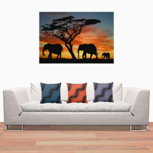 Elephant Photo Print And Blue, Orange, And Purple Pillows With Ripple Pattern