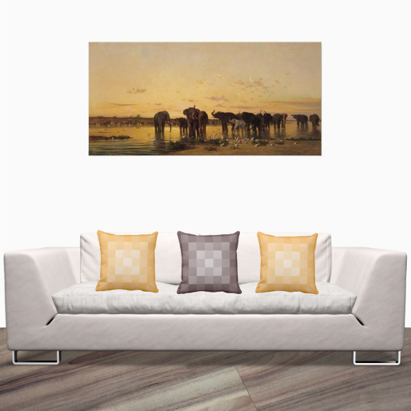 Elephants Photography Print With Yellow And Brown Pillows With Pixel Pattern