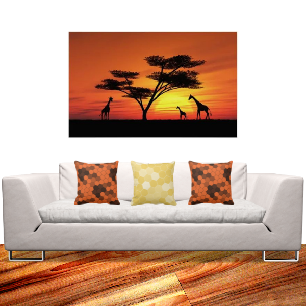 Giraffe Family At Sunset With Yellow And Orange Pillows With Hexagon Pattern