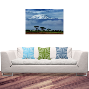 Kilimanjaro Nature Photography Print And Turquoise, Green, And Blue Pillows With Spiral Box Pattern