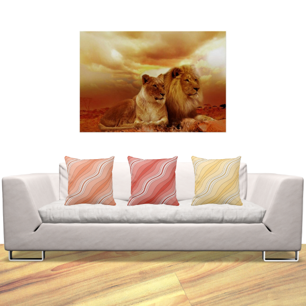 Lion Pair At Sunset And Yellow, Orange, And Red Pillows With Layered Pattern