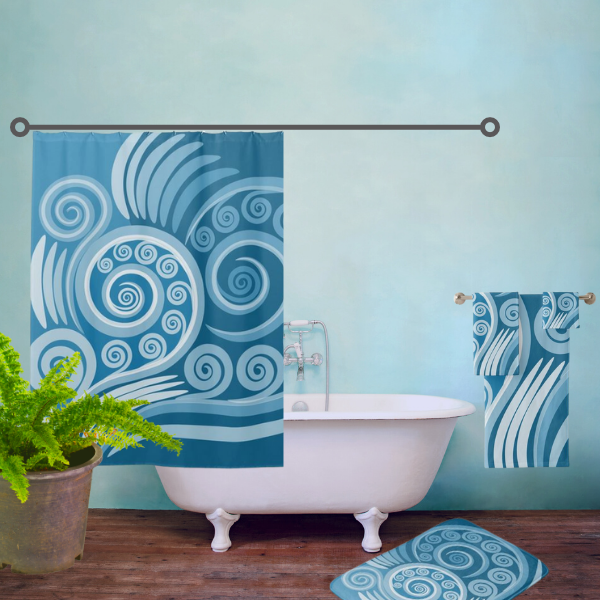 Artsy blue koru fern frond bathroom theme idea