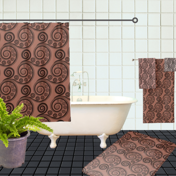 Earthy bronze-brown curls bath decor idea, consisting of a shower curtain, bath mat, and towel set.