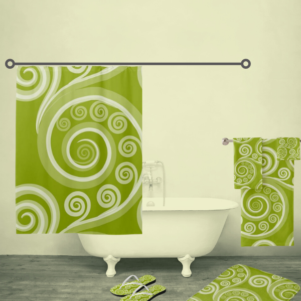 Fun green swirls bathroom accessory, consisting of a shower curtain, bath mat, and towel set.