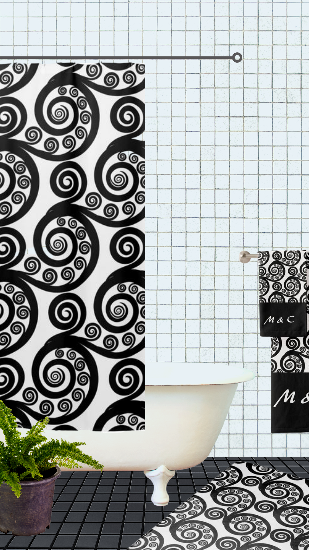 Fern Pattern Black and White Bath Towel