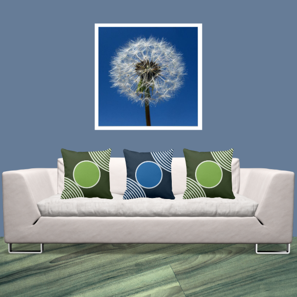 Dandelion Wall Decor And Blue Green Pillows With Circle Pattern