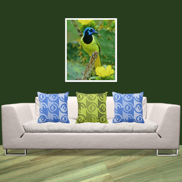 Mc Allen Bird Print And Blue And Green Fragmented Circle Patterned Pillows