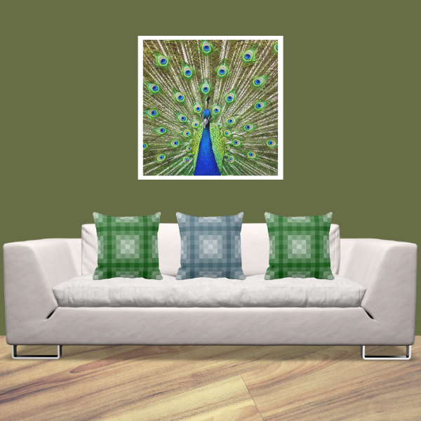 Peacock Photography Print And Pillows With Pixel Pattern
