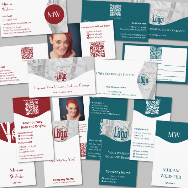 Life Coach Business Cards in Ruby Red and White and Midnight Green and White