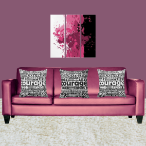 Multilingual Courage Typography Patterned Throw Pillows In Black And White Complement A Pink, White, Black Splatter Wall Decor