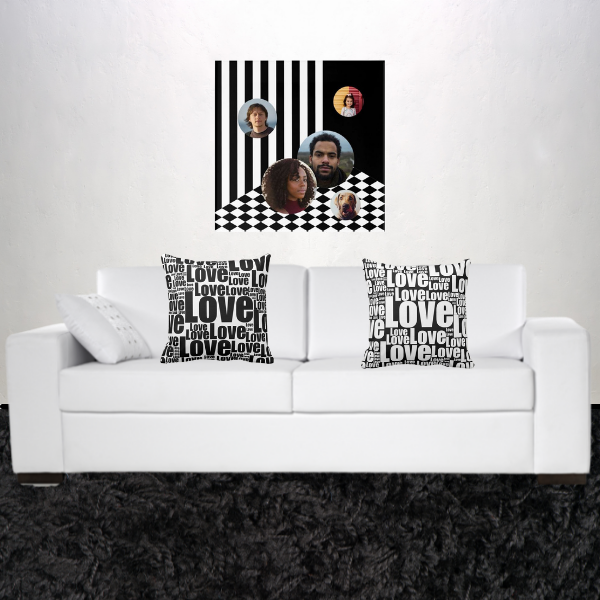 Love Typography Patterned Throw Pillows In Black And White Complement A Family Collage Wall Decor