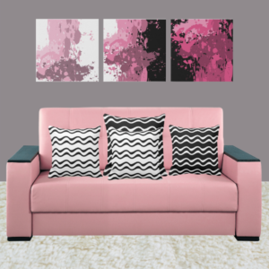 ripple pattern in black and white pillows and set of 3 art prints with pink splatter