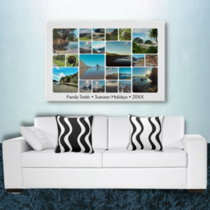Wavy pattern in black and white throw pillows with New Zealand Instagram photo collage