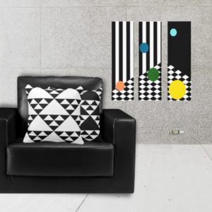 Triangular pattern in black and white throw pillow and black & white triptych