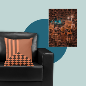 orange pillow with diamond pattern and custom photo expressed in typographic print with the word - Unite!