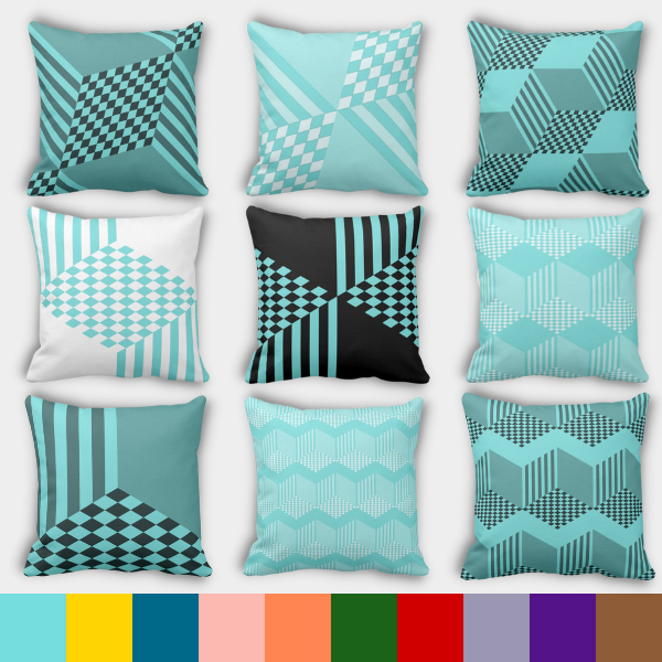 Throw pillows with a geometric hexagon, stripes, diamonds checkers and solid pattern