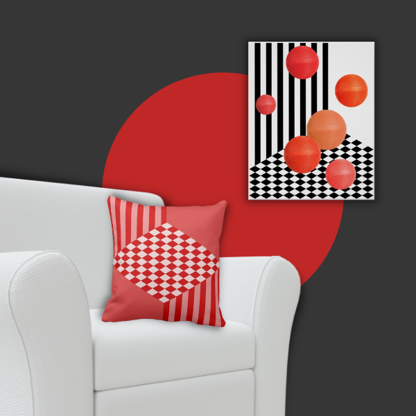 red pillow with centered diamond pattern and square triptych with red colored balls