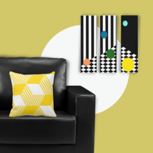 yellow and white pillow with centered diamond pattern and square triptych with colourful balls