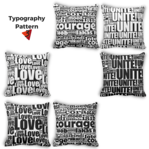 black and white pillows with typography repeat pattern love, multilingual courage, unite