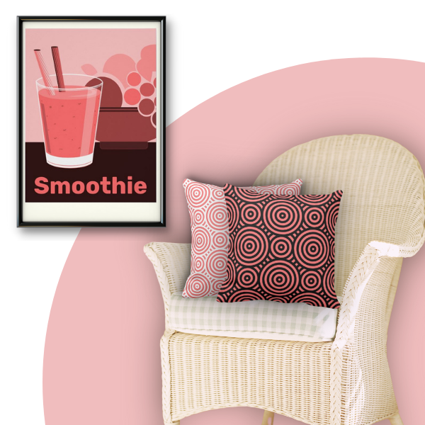 Fruit smoothie poster with pink and black ethnic nested circle patterned pillows