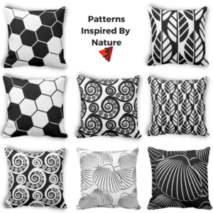 nature inspired black and white pillows with repeat pattern like honeycomb, leaf, curl and seashell