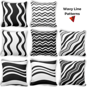 wavy lines in black and white decorate the throw pillows