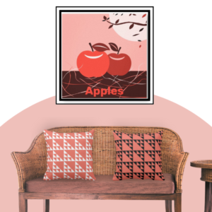 pink and white & black and pink geometric patterned pillows and an apples poster print